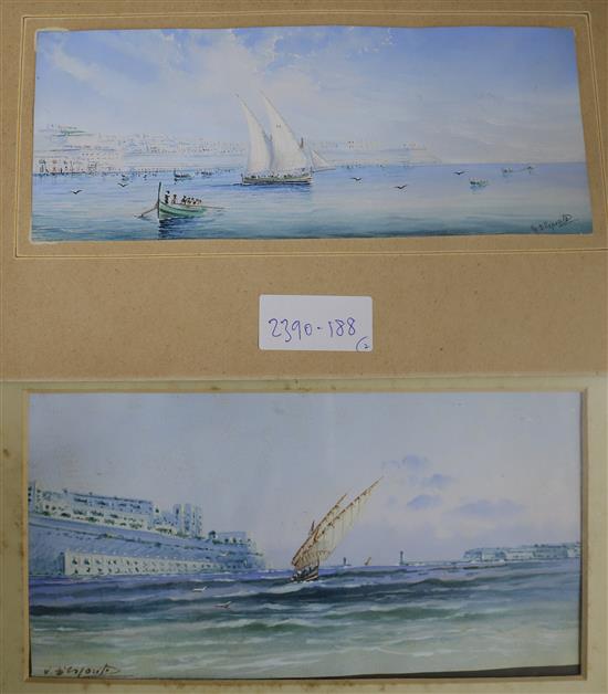 Vincenzo DEsposito, two gouaches, Harbour scenes, Valetta, Malta, signed 10 x 26cm & 13 x 26cm.